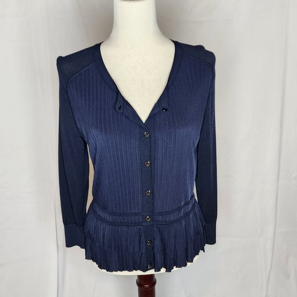 Oscar de la Renta Navy Button Front Ruffle Hem Cardigan Size: L - Picture 3 of 16